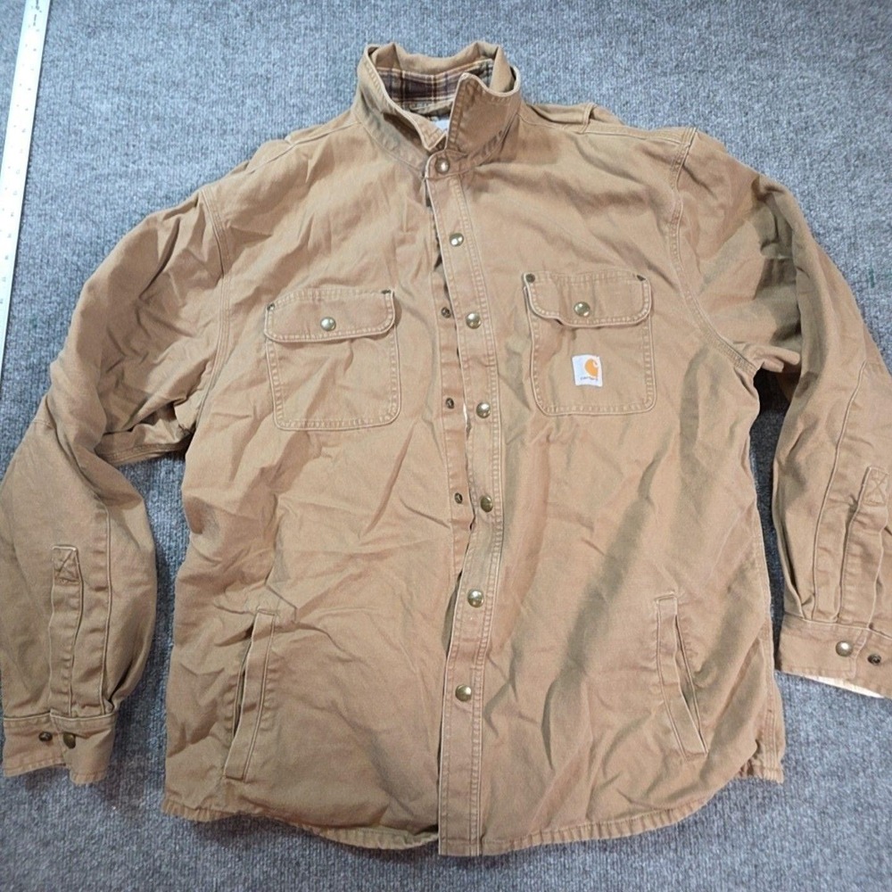 Carhartt Mens Large Brown Canvas Snap Front Flannel Lined Shirt Jacket Workwear